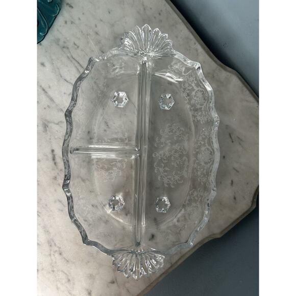 Fostoria Meadow Rose 3 Part Glass Footed Relish Dish Etched Crystal Vintage - Picture 7 of 15